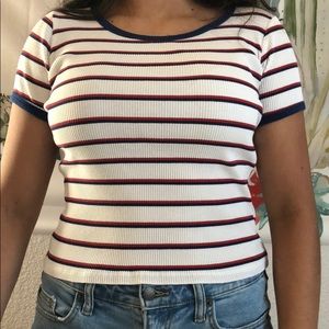 white shirt with red and navy stripes